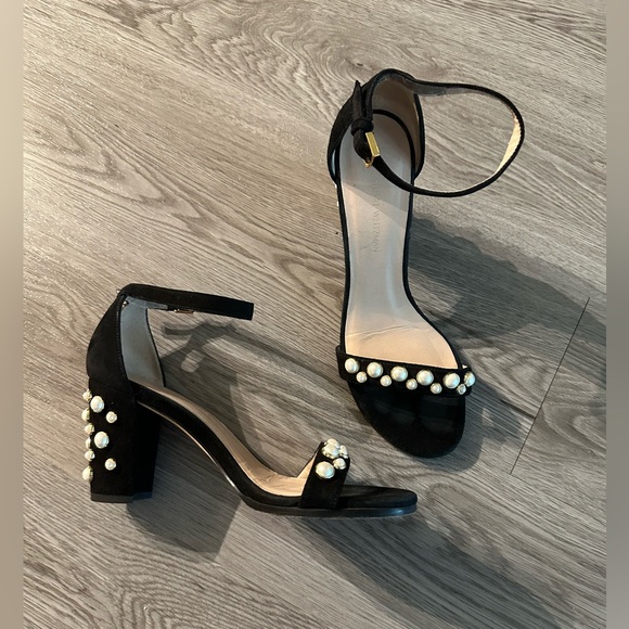 Stuart Weitzman Shoes - Stuart Weitzman nearlynude nudist more pearls chunky heel black suede 7
